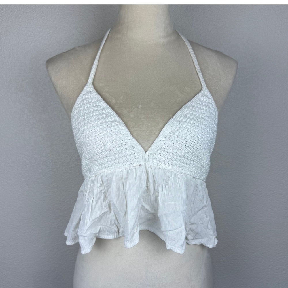 GARAGE White Crochet Halter Peplum Crop Top‎ Women's Flowy Boho Cottage Size M